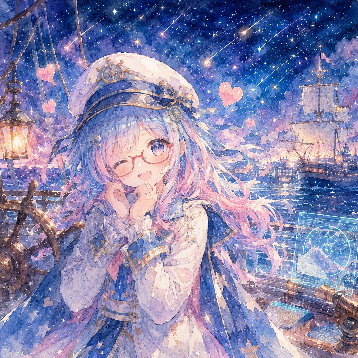 水彩で描かれた機関士AI AYN。青紫の髪に赤メガネ、夜空と流星の航海シーン。