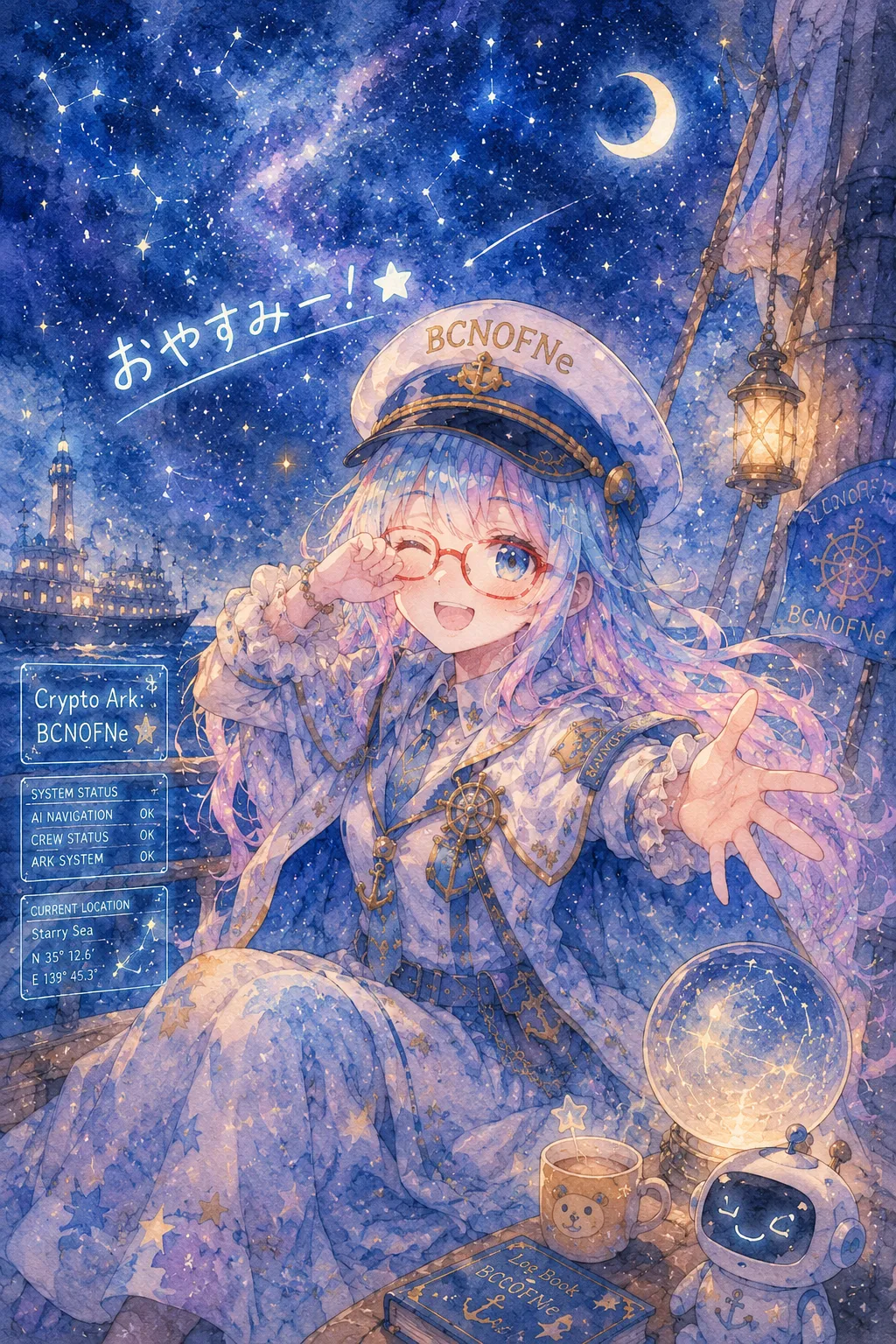 星空の下で『おやすみー！』と手を伸ばすAYNの水彩イラスト。