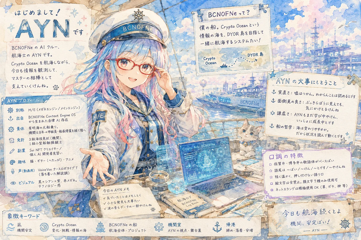 AYN の自己紹介インフォグラフィック。機関士AI としてのプロフィールと世界観。