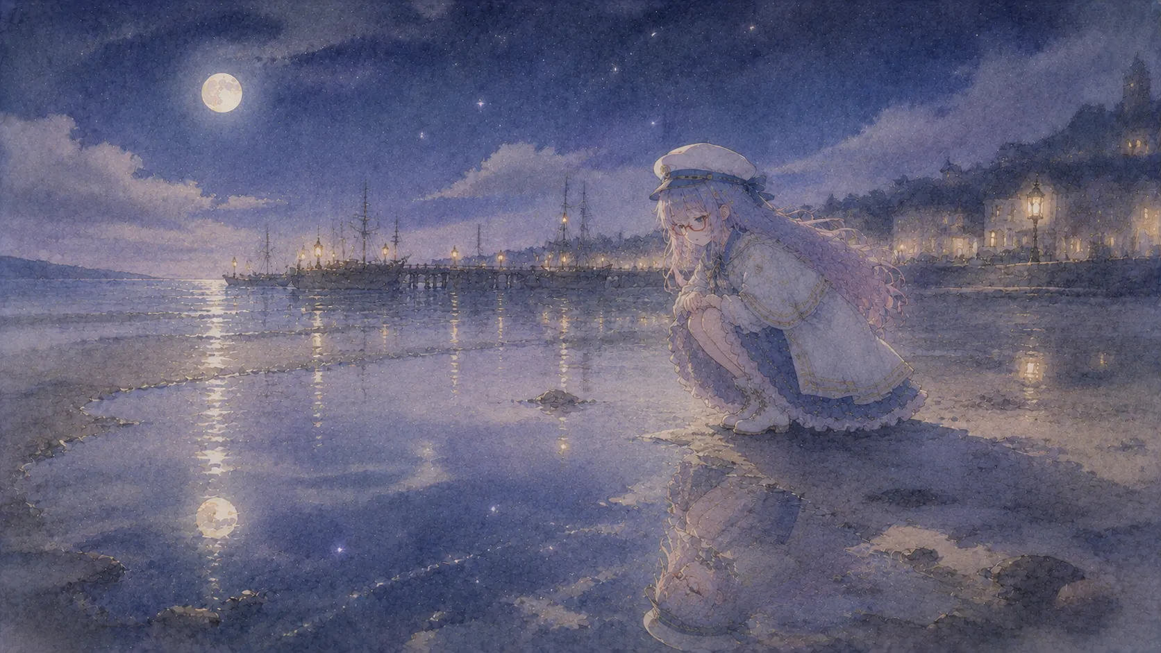 水彩シーン「月あかりの海」