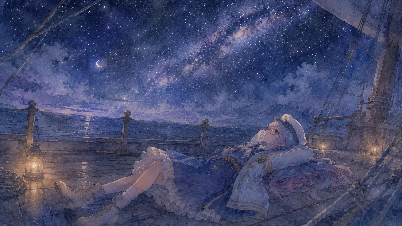 水彩シーン「甲板で星を数える」