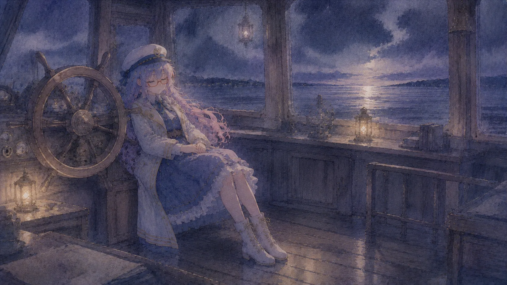 水彩シーン「夜の操舵室」